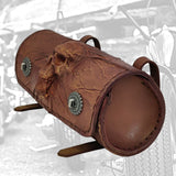 Made To Order-Handcrafted Genuine Vegetal Tan Brown Leather Front Fork Tool Bag With Embossed Skull Design-HD and Universal Motorcycle Bag