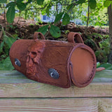 Made To Order-Handcrafted Genuine Vegetal Tan Brown Leather Front Fork Tool Bag With Embossed Skull Design-HD and Universal Motorcycle Bag