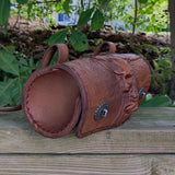 Made To Order-Handcrafted Genuine Vegetal Tan Brown Leather Front Fork Tool Bag With Embossed Skull Design-HD and Universal Motorcycle Bag