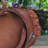 Made To Order-Handcrafted Genuine Vegetal Tan Brown Leather Front Fork Tool Bag With Embossed Skull Design-HD and Universal Motorcycle Bag