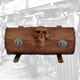 Made To Order-Handcrafted Genuine Vegetal Tan Brown Leather Front Fork Tool Bag With Embossed Skull Design-HD and Universal Motorcycle Bag