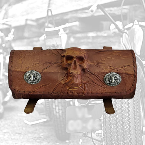 Made To Order-Handcrafted Genuine Vegetal Tan Brown Leather Front Fork Tool Bag With Embossed Skull Design-HD and Universal Motorcycle Bag