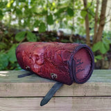 Made To Order-Handcrafted Brown Genuine Leather Front Fork Tool Bag With Embossed Skull Design-Gift HD and Universal Motorcycle Bag