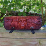 Made To Order-Handcrafted Brown Genuine Leather Front Fork Tool Bag With Embossed Skull Design-Gift HD and Universal Motorcycle Bag
