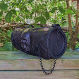 Made To Order-Handcrafted Genuine Black Leather Front Fork Tool Bag Embossed Skull Design-Gift Harley Davidson and Universal Motorcycle Bag