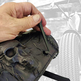 Made To Order-Handcrafted Genuine Black Leather Front Fork Tool Bag Embossed Skull Design-Gift Harley Davidson and Universal Motorcycle Bag