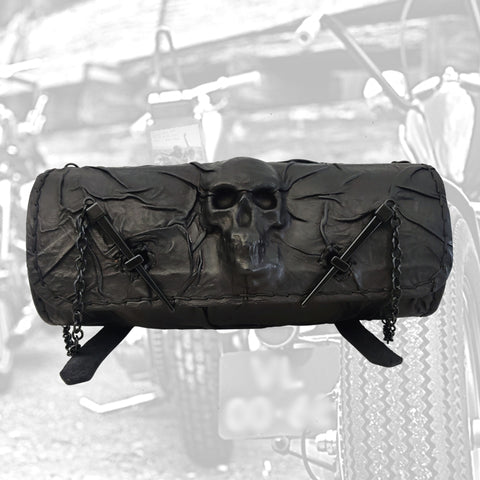 Made To Order-Handcrafted Genuine Black Leather Front Fork Tool Bag Embossed Skull Design-Gift Harley Davidson and Universal Motorcycle Bag