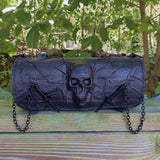 Made To Order-Handcrafted Genuine Black Leather Front Fork Tool Bag Embossed Skull Design-Gift Harley Davidson and Universal Motorcycle Bag