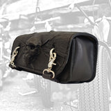 Made To Order-Handcrafted Genuine Black Leather Front Fork Tool Bag Embossed Skull Design-Gift Harley Davidson and Universal Motorcycle Bag.