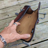 Made to Order Handcrafted Brown and Black Genuine Leather Front Fork Tool Bag With Embossed Skull Design-Gift Harley Davidson and Universal Motorcycle Bag