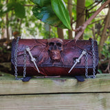 Made to Order Handcrafted Brown and Black Genuine Leather Front Fork Tool Bag With Embossed Skull Design-Gift Harley Davidson and Universal Motorcycle Bag
