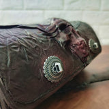 Made To Order-Handcrafted Rustic Dark Maroon Leather Front Fork Bag Embossed Skull Design-Gift Harley Davidson and Universal Motorcycle Bag