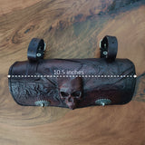 Made To Order-Handcrafted Rustic Dark Maroon Leather Front Fork Bag Embossed Skull Design-Gift Harley Davidson and Universal Motorcycle Bag