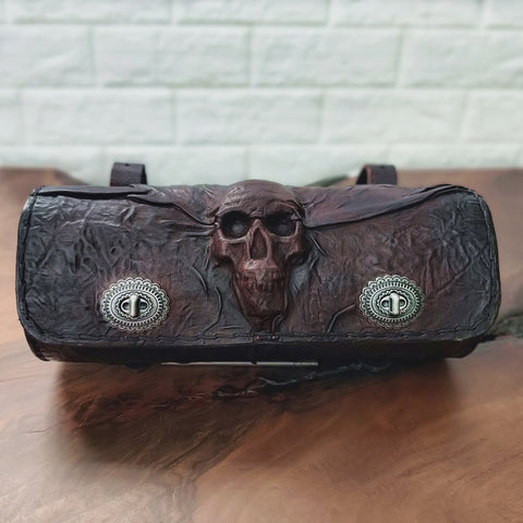 Made To Order-Handcrafted Rustic Dark Maroon Leather Front Fork Bag Embossed Skull Design-Gift Harley Davidson and Universal Motorcycle Bag