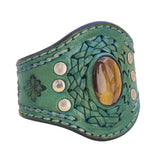 Handcrafted Genuine Green Vegetal Leather Cuff with Tiger Eye Stone Setting-Lifestyle Unique Gift Fashion Jewelry Bracelet Wristband
