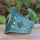 Handcrafted Genuine Green Vegetal Leather Cuff with Tiger Eye Stone Setting-Lifestyle Unique Gift Fashion Jewelry Bracelet Wristband