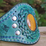 Handcrafted Genuine Green Vegetal Leather Cuff with Tiger Eye Stone Setting-Lifestyle Unique Gift Fashion Jewelry Bracelet Wristband