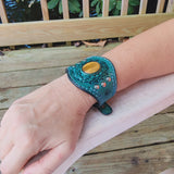 Handcrafted Genuine Green Vegetal Leather Cuff with Tiger Eye Stone Setting-Lifestyle Unique Gift Fashion Jewelry Bracelet Wristband