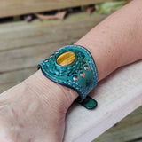 Handcrafted Genuine Green Vegetal Leather Cuff with Tiger Eye Stone Setting-Lifestyle Unique Gift Fashion Jewelry Bracelet Wristband