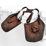 Handcrafted Rustic Brown Large Leather Holster-Leather Shoulder Bag-Leather Festival Bag-Gift Travel Bag-Burning Man Gear Embossed Skull