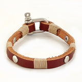 Handcrafted Brown Genuine Leather Unisex Marine Style Fashion Bracelet-Cuff-Stainless Shackle design bracelet