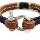 Handcrafted Brown Genuine Leather Unisex Marine Style Fashion Bracelet-Cuff-Stainless Shackle design bracelet