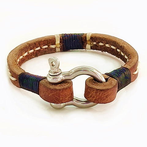 Handcrafted Brown Genuine Leather Unisex Marine Style Fashion Bracelet-Cuff-Stainless Shackle design bracelet