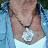 Handcrafted Genuine Vegetal Leather Necklace with Silver Plated Pewter Pisces Pendant-Unique Gift Unisex Hand Braided Strap Fashion Jewelry