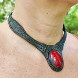 Boho Handcrafted Genuine Vegetal Leather Choker with Red Agate Stone-Unisex Gift Fashion Jewelry with Natural Stone