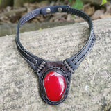 Boho Handcrafted Genuine Vegetal Leather Choker with Red Agate Stone-Unisex Gift Fashion Jewelry with Natural Stone