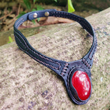 Boho Handcrafted Genuine Vegetal Leather Choker with Red Agate Stone-Unisex Gift Fashion Jewelry with Natural Stone