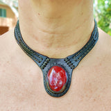 Boho Handcrafted Genuine Vegetal Leather Choker with Red Agate Stone-Unisex Gift Fashion Jewelry with Natural Stone