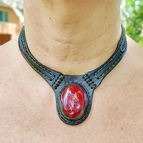 Boho Handcrafted Genuine Vegetal Leather Choker with Red Agate Stone-Unisex Gift Fashion Jewelry with Natural Stone