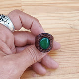 Handcrafted Brown Leather Ring with Green Agate Stone Setting -  Fashion Jewelery -  Men and Women -  Handmade Ring