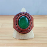 Unique Handcrafted Vegetal Brown Leather Ring with Green Agate Stone Setting-Fashion Jewelry-Size 14 Unisex Gift Fashion Jewelry Band