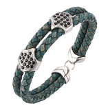 Fashion Unisex Braided Leather Rustic Green Bracelet -  Boho Bracelets -  Stainless Steel Clasp Boho Leather Bracelets for Men