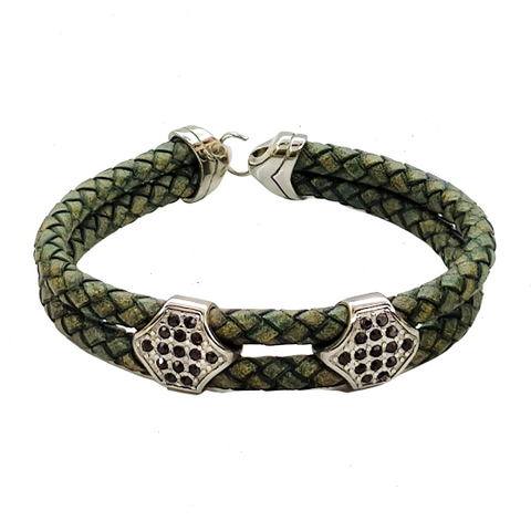 Fashion Unisex Braided Leather Rustic Green Bracelet -  Boho Bracelets -  Stainless Steel Clasp Boho Leather Bracelets for Men