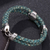 Fashion Unisex Braided Leather Rustic Green Bracelet -  Boho Bracelets -  Stainless Steel Clasp Boho Leather Bracelets for Men