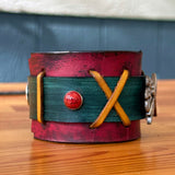 Handcrafted Genuine Vegetal Maroon & Green Leather Long Dragonfly Design Cuff - Unisex Gift Leather Bracelet with Dragonfly Concho