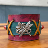 Handcrafted Genuine Vegetal Maroon & Green Leather Long Dragonfly Design Cuff - Unisex Gift Leather Bracelet with Dragonfly Concho