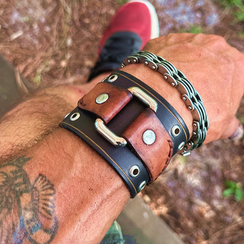 Unique Handcrafted Genuine Leather with Buckle Detail Bracelet-Adjustable Unisex Gift Studded Cuff Wristband Brown Black