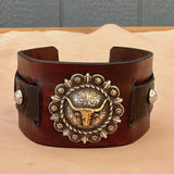 Handcrafted Genuine Vegetal Black & Brown Leather Long Horn Design Cuff - Unisex Gift Leather Bracelet with Long Horn Concho