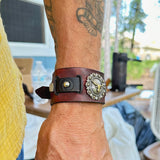 Handcrafted Genuine Vegetal Black & Brown Leather Long Horn Design Cuff - Unisex Gift Leather Bracelet with Long Horn Concho