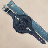 Made To Order-Small Handcrafted Genuine Black Vegetal Leather Embossed Skull Design Cuff, Cool Gift Skull Leather Bracelet-Biker's Wristband