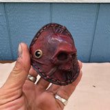 Made To Order-Small Handcrafted Genuine Brown Vegetal Leather Embossed Skull Design Cuff, Cool Gift Skull Leather Bracelet-Biker's Wristband