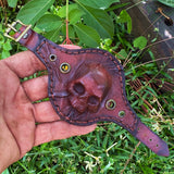 Handcrafted Genuine Vegetal Ladies Brown Leather Skull Design Cuff - Unisex Gift Skull Leather Bracelet With Eyelets