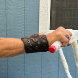 Handcrafted Genuine Vegetal Leather Rustic Black Fleur De Lis Skull Design Cuff-Unisex Gift embossed Skull-Cool Gift Leather Biker Wristband-Bracelet