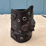 Handcrafted Genuine Vegetal Leather Rustic Black Fleur De Lis Skull Design Cuff - Unisex Gift Skull Leather Bracelet with Eyelets