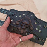 Handcrafted Genuine Vegetal Leather Rustic Black Fleur De Lis Skull Design Cuff - Unisex Gift Skull Leather Bracelet with Eyelets