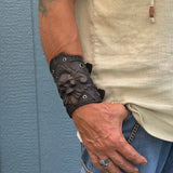 Handcrafted Genuine Vegetal Leather Rustic Black Fleur De Lis Skull Design Cuff - Unisex Gift Skull Leather Bracelet with Eyelets